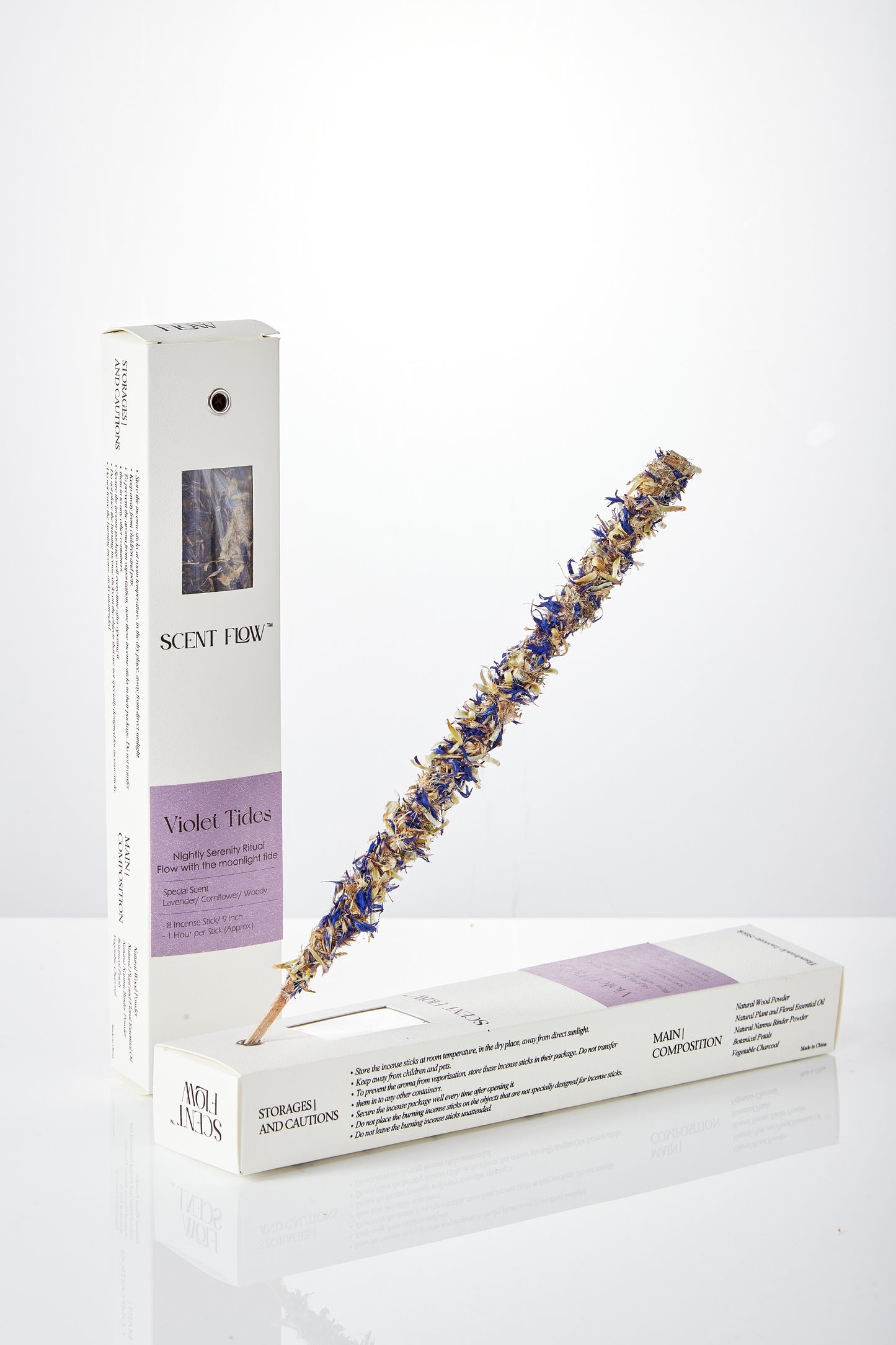 Innovative all-in-one lavender incense stick box with an integrated burner for convenience.