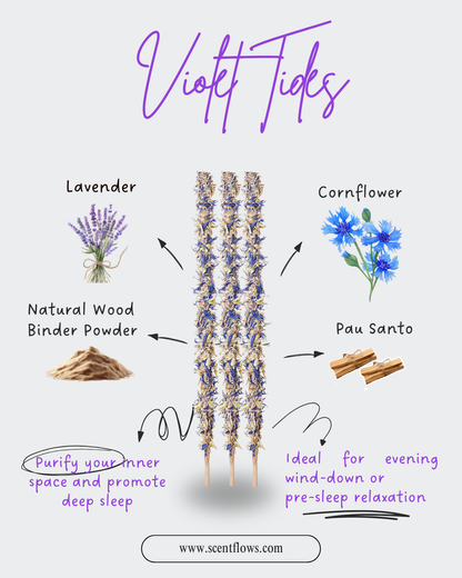 Gentle lavender aromatherapy incense burning in a bedroom for a relaxing bedtime ritual and stress relief.